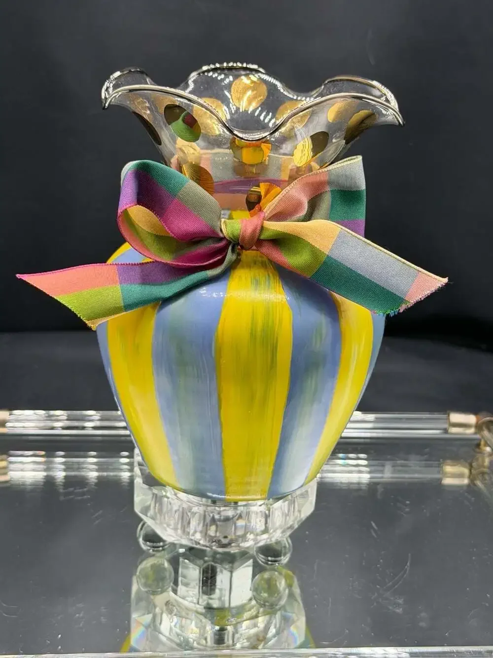 Mackenzie -Childs Heirloom Circus Hand-Painted Fluted Glass Vase with Striped P